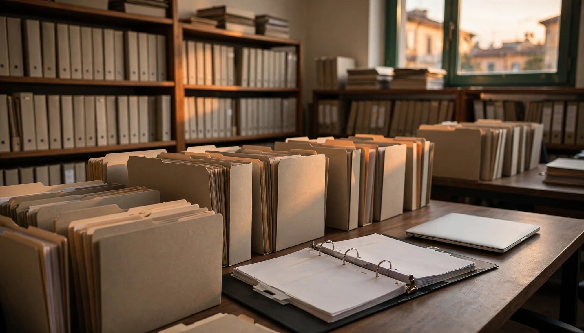 Cartelle d'archivio e un raccoglitore aperto su un tavolo in legno.