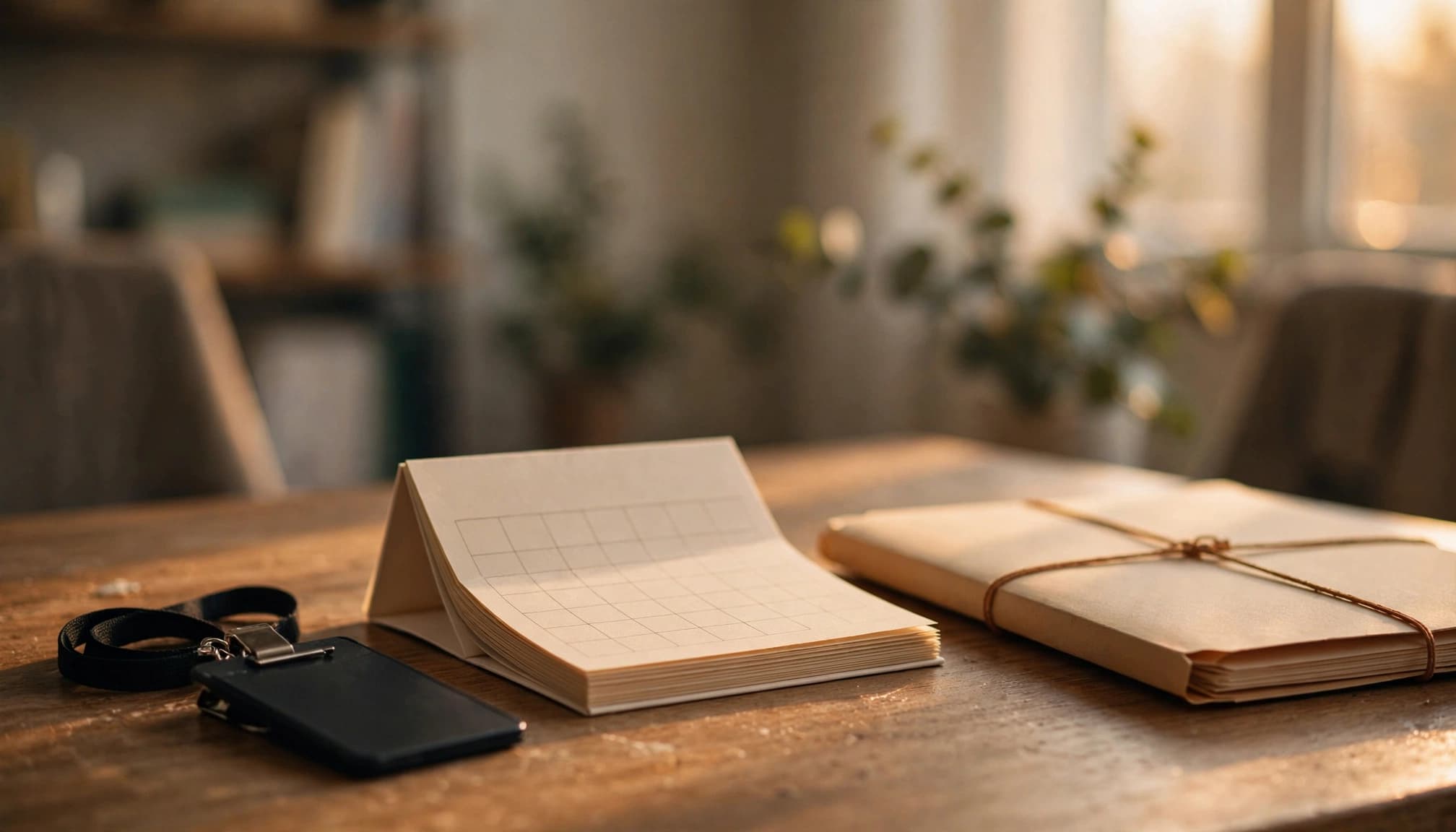 Un tesserino, un calendario da tavolo e una cartellina su una scrivania di legno.