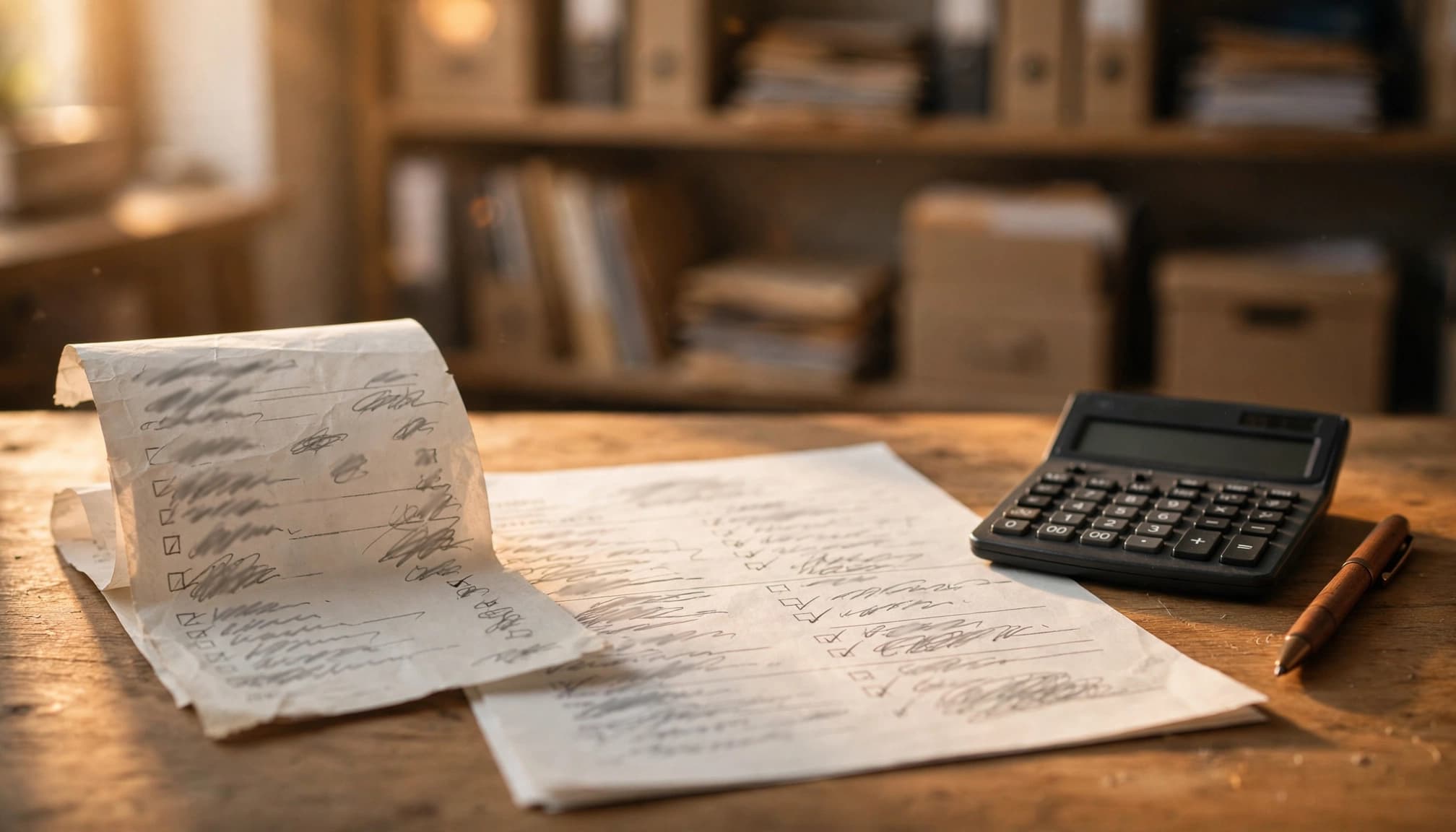 Una scrivania con documenti, un calcolatore e una penna.