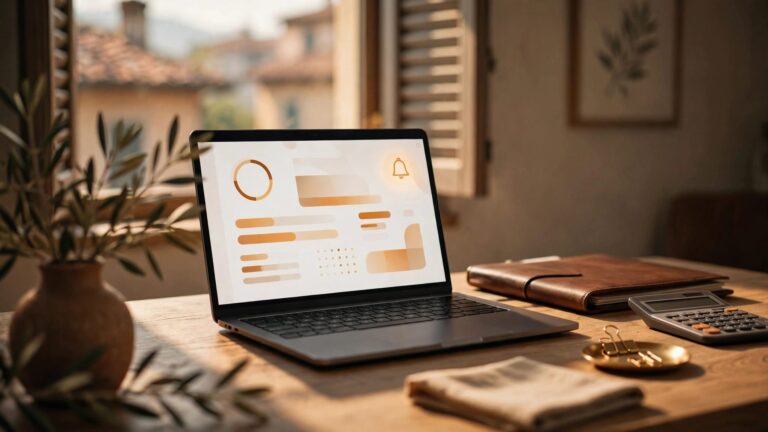 Laptop con simbolo di notifica, cartellina e calcolatrice su una scrivania.