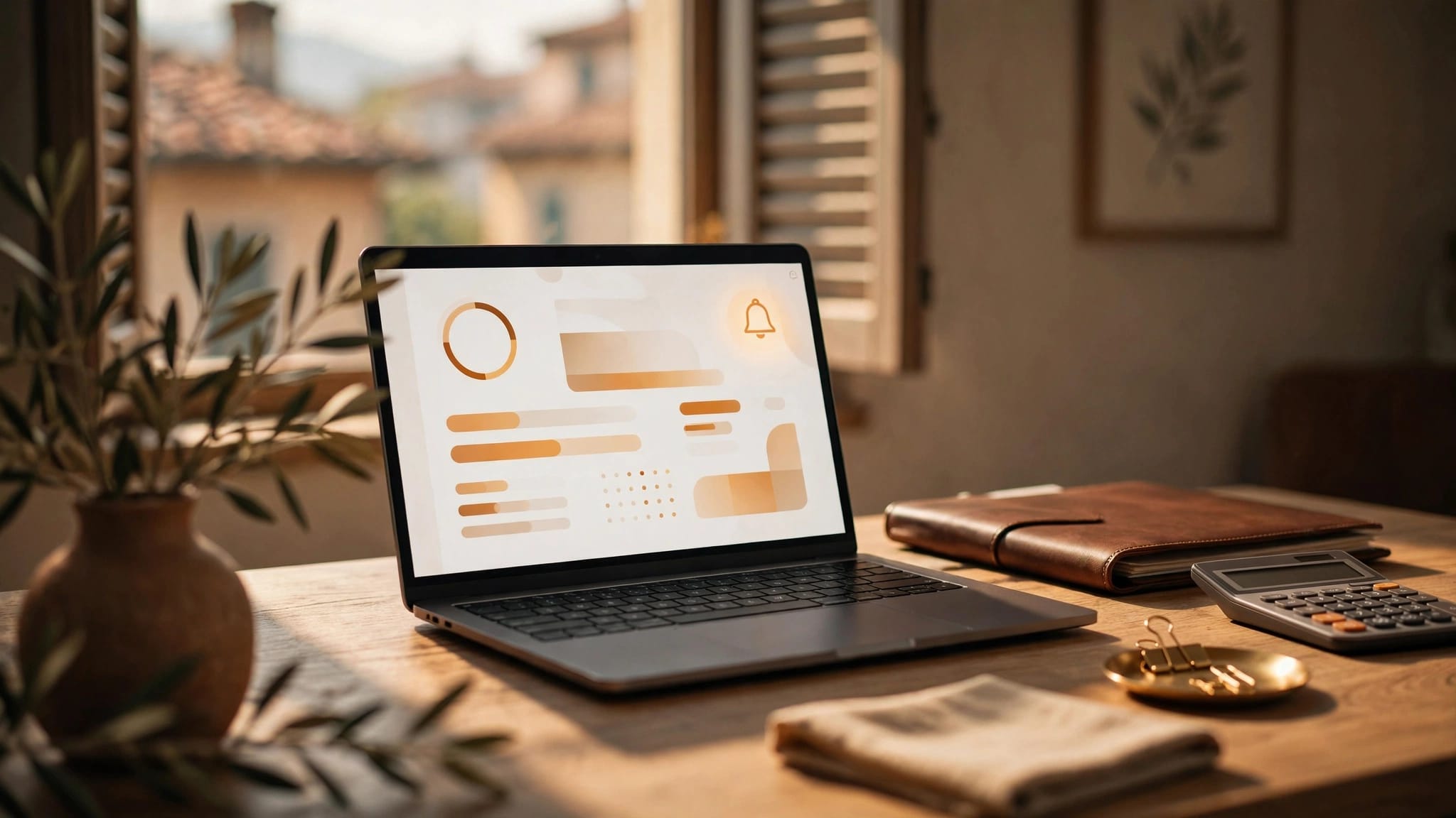 Laptop con simbolo di notifica, cartellina e calcolatrice su una scrivania.