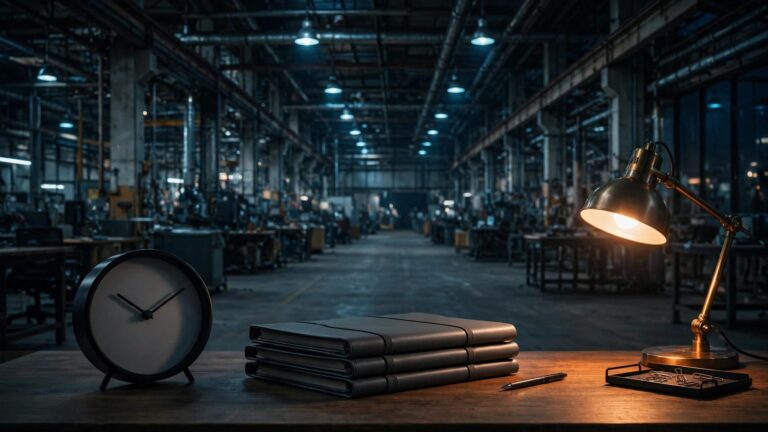 Una scrivania illuminata da una lampada davanti a un reparto industriale vuoto.