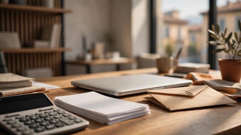 Scrivania con laptop chiuso, fogli paga, calcolatrice e busta per certificati medici.