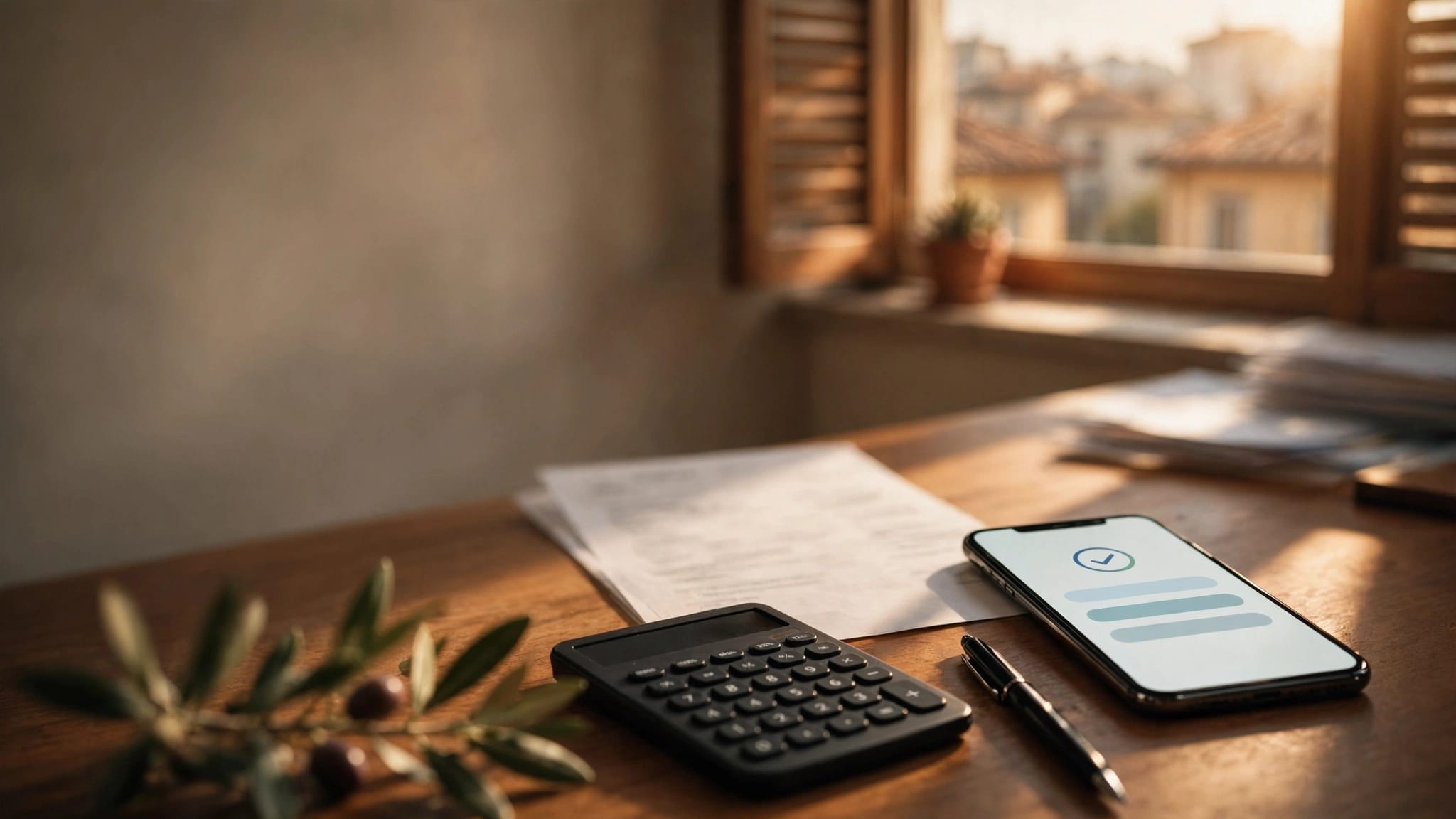 Uno smartphone e un cedolino accanto a calcolatrice e penna su una scrivania illuminata.