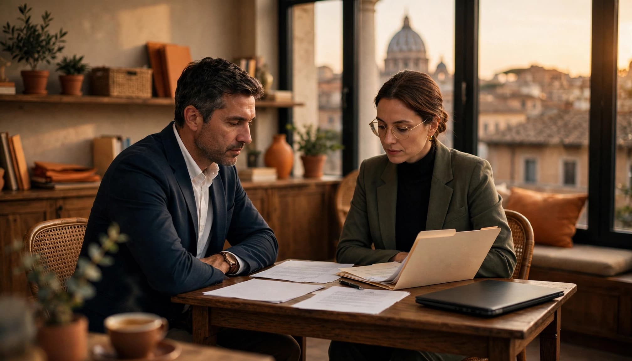 Un imprenditore e una consulente esaminano documenti a un tavolo in un ufficio luminoso.