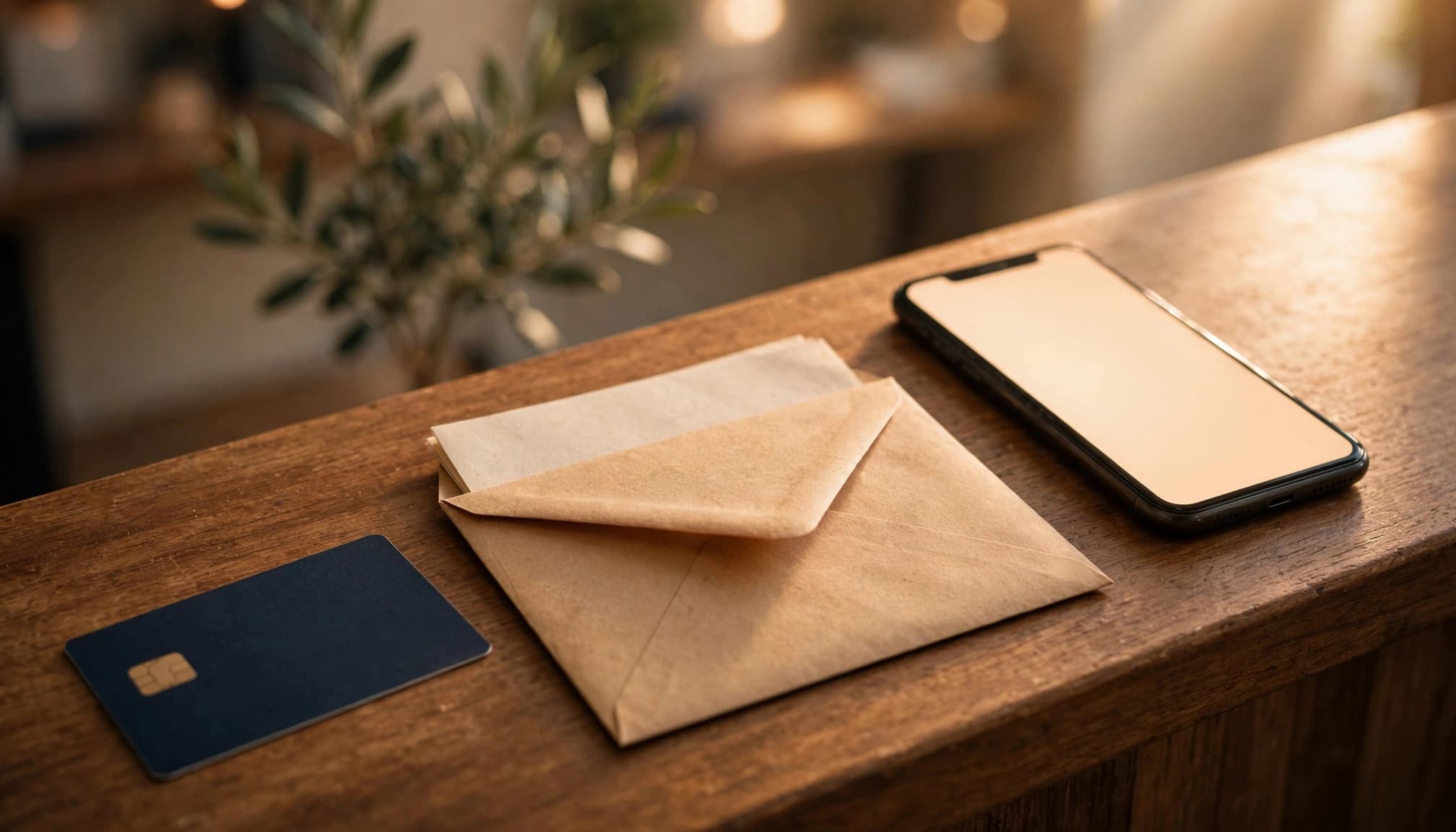 Una carta di credito, una busta con documenti e uno smartphone su un bancone di legno.