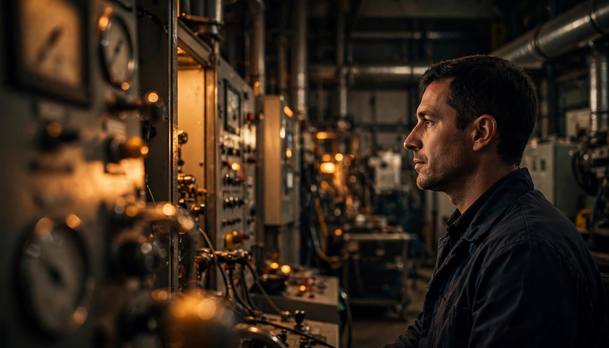 Un operatore monitora i pannelli in una sala industriale illuminata da luci ambrate.