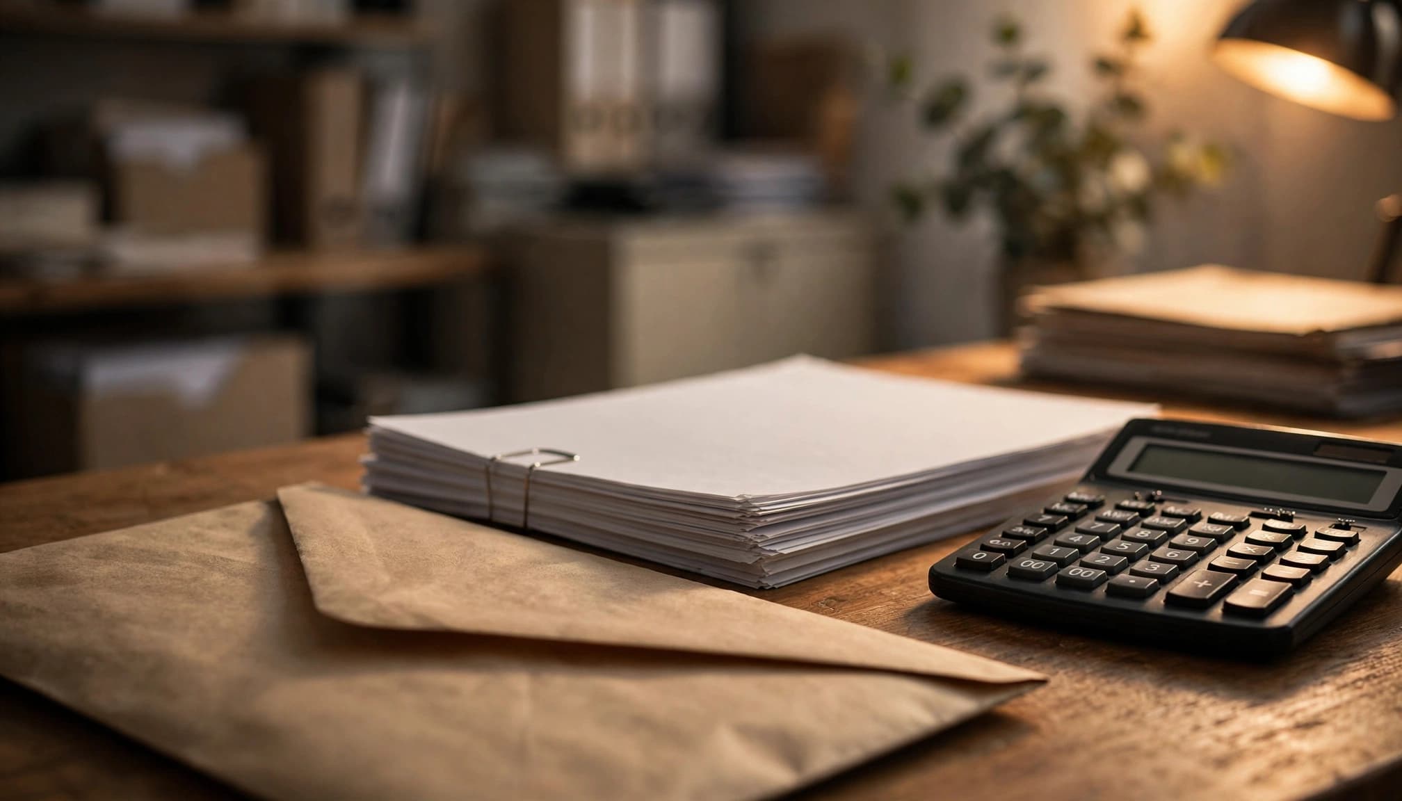 Scrivania con busta da lettere, documenti e calcolatrice.